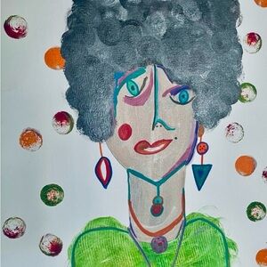 Whimsical Portrait Mixed Media Wall Art in Green and Gray